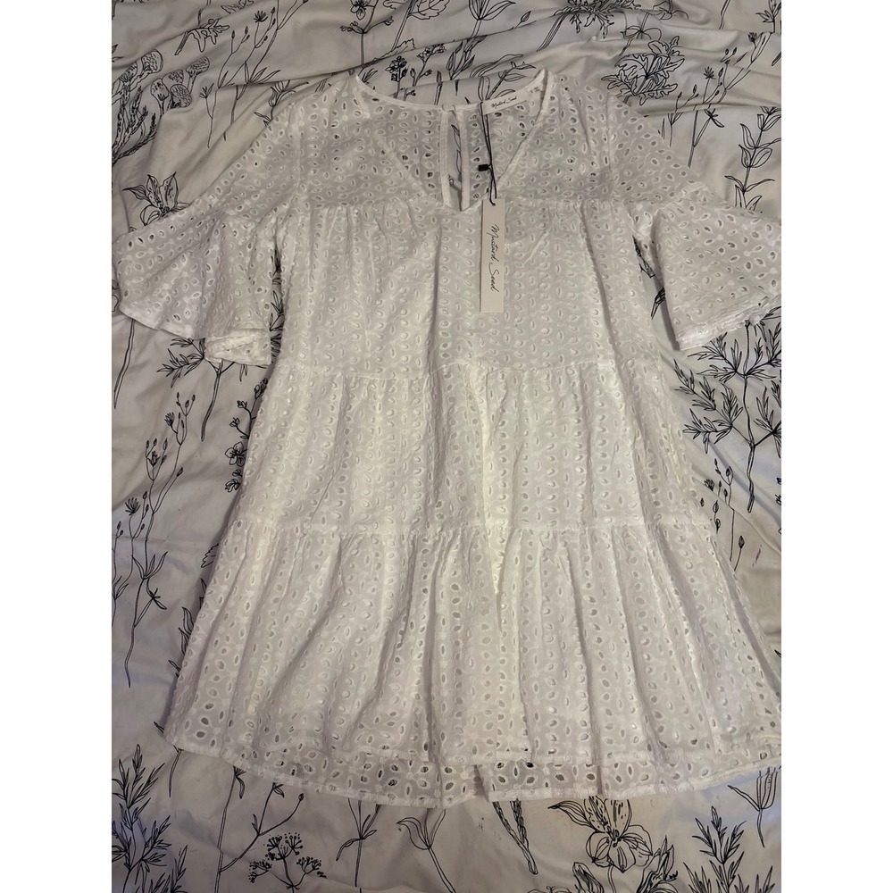 NEW Mustard Seed White Eyelet Tiered Swim Coverup Mini Dress w/ Pockets, Small